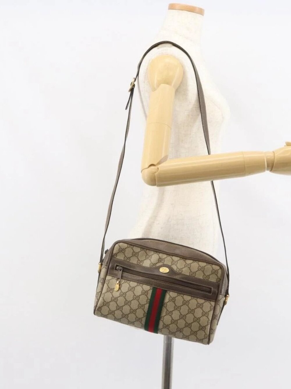 GUCCI GG Supreme Web Sherry Line Bag PVC Beige Gold 24 02 005 Auth ka1276